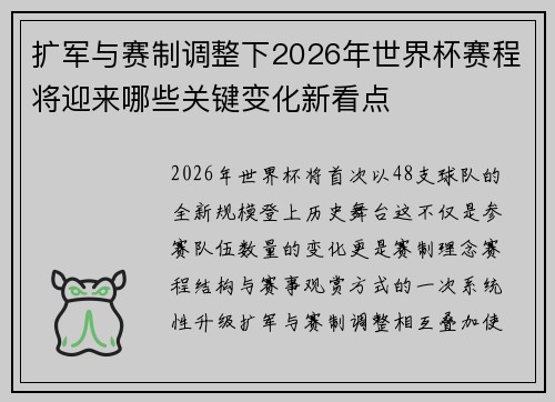 扩军与赛制调整下2026年世界杯赛程将迎来哪些关键变化新看点