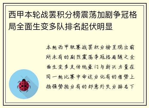 西甲本轮战罢积分榜震荡加剧争冠格局全面生变多队排名起伏明显 西甲本轮战罢积分榜震荡加剧争冠格局全面生变多队排名起伏明显